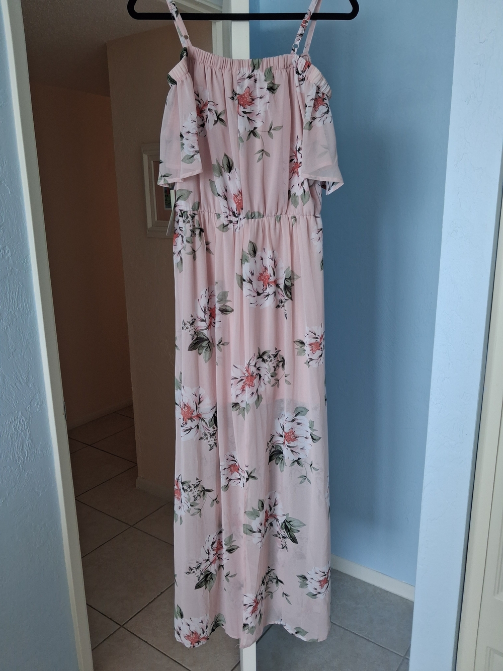 Lily White Pink Floral Off-Shoulder Midi Dress with Ruffle Detail